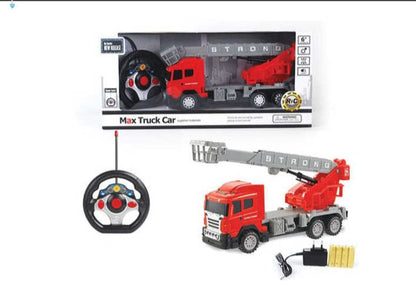 MM TOYS Remote Control Rescue Fire Truck: 360° Rotating Ladder Integrated Lights Rechargable Battries, Charger Included - Multicolor