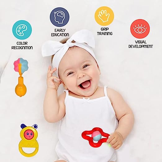 MM TOYS Baby Rattles - Non-Toxic BPA Free Set of 4 Pcs, Multicolor, Ideal for Infants 0+ months
