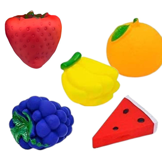 MM Toys 5 Pcs Fruit Squeeze Toys for Babies & Toddlers | BPA-Free, BIS Certified | Soft Multicolor Bath & Sensory Play Set (Pack of 5)