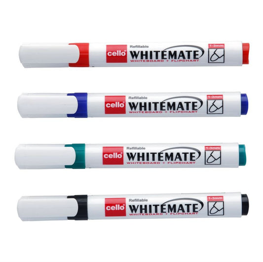 Cello Whitemate Whiteboard Marker Set - Pack of 4 (Multicolour) | Easily erasable and refillable | Set of 4 ink colours - Black, Blue, Red, Green | Ideal for Online Classes, Office and School Stationery