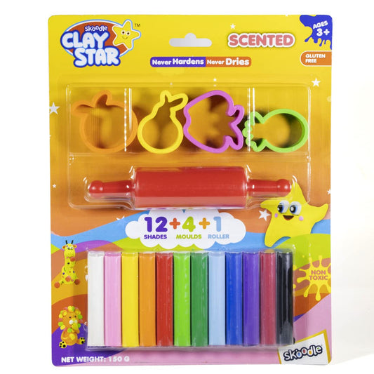 Skoodle Clay Star Scented Clay Pack, 12 Multicolor Clay Sticks + 4 Moulds + 1 Roller (150gm), for 3+ Years, Non-Toxic, Gift for Kids