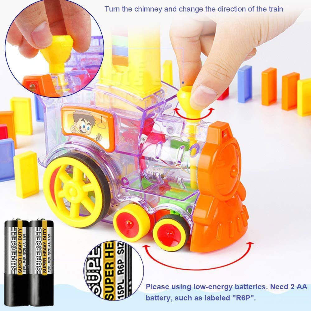MM TOYS Domino Train Toy, Domino Blocks Set for Kids Educational Game Play Set with Light & Sound Stacking Toy Block Set for 3-7 Year Old Toys for Boys and Girls (Battery Included) 60 Pcs