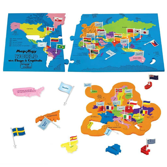 Imagimake Mapology World Map With Flags & Capitals Jigsaw Puzzle |75 Multi-Colored Country-Shaped Pieces | Birthday Gift for Boys and Girls| Educational Toys for Kids 5 Years | World Map Puzzle
