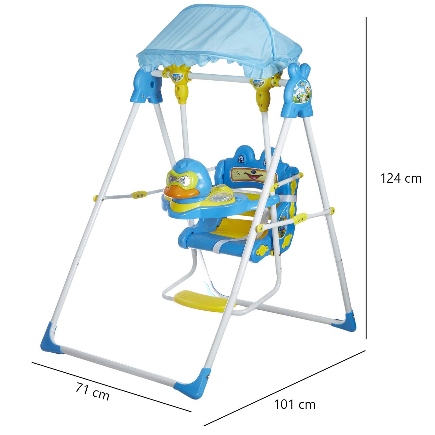 MM TOYS Dash Daisy Musical Garden Swings with Umbrella Hood With Footrest And Seat Belt- Metal Pipes for Kids 6 Months to 4 Years (Yellow/Blue)