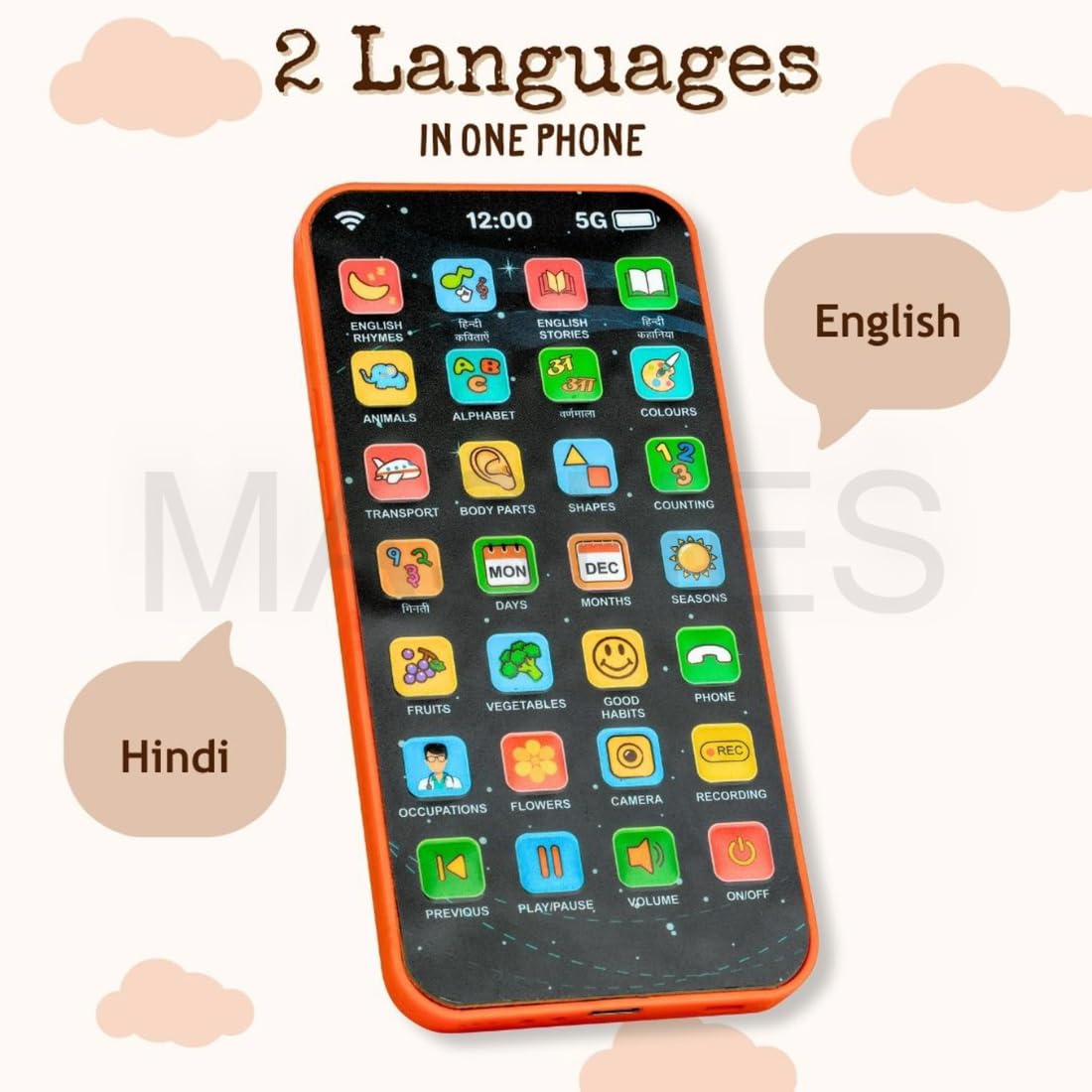 Kids Educational Talking Phone Toy Rechargeable – Hindi & English Learning Mobile with Music, Stories & Voice Recording for Boys & Girls (Age 2–7 Years)