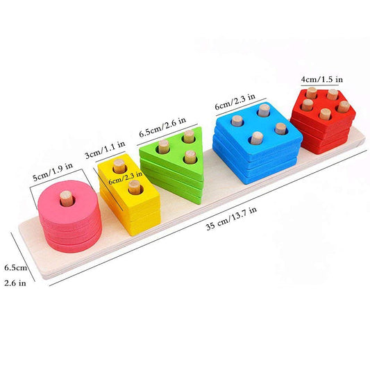 MM TOYS Wooden Shape Sorter Puzzle Toy for Kids | Montessori Preschool Learning Educational Stacking Toy | 5 Column Geometric Wooden Building Blocks | Puzzle Toy for 2 to 5 Year Old Toddlers | Multicolor
