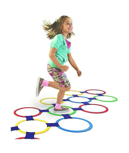 Hopscotch Rings Game Multi-Colored Plastic Rings Physical Activity Game for Indoor and Outdoor Play 14 Rings , 18 Joints , 1 Spinner  For 5+ Year Boy And Girls - Multicolord