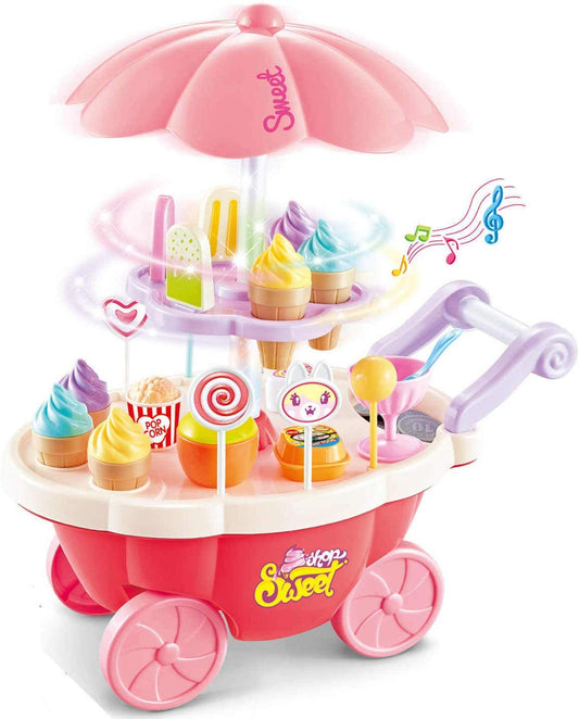 MM TOYS Mini Sweet Shop Cart Candy Cart Toy - Pretend and Play Set with 30 pcs, Light and Sound - Multicolor