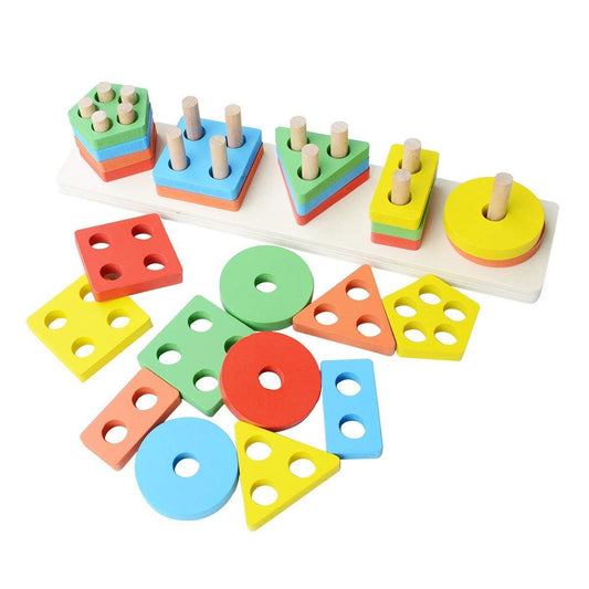 MM TOYS Wooden Shape Sorter Puzzle Toy for Kids | Montessori Preschool Learning Educational Stacking Toy | 5 Column Geometric Wooden Building Blocks | Puzzle Toy for 2 to 5 Year Old Toddlers | Multicolor