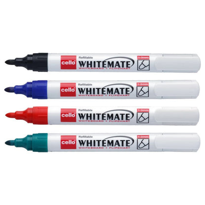Cello Whitemate Whiteboard Marker Set - Pack of 4 (Multicolour) | Easily erasable and refillable | Set of 4 ink colours - Black, Blue, Red, Green | Ideal for Online Classes, Office and School Stationery