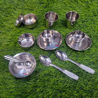 MM TOYS Premium Stainless Steel Mini Kitchen Play Set | 12 Pcs | Ideal for Kids Aged 3+ | Glasses, Pan, Plates, Bowls Included