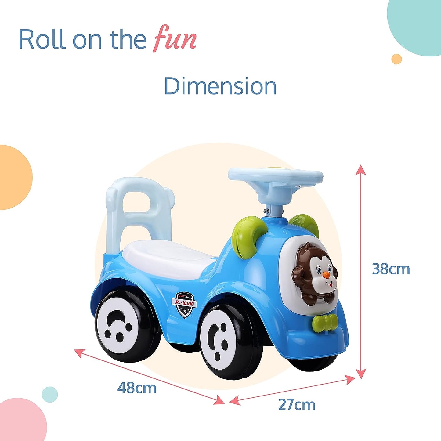 LuvLap - SunnyRider Blue, Music & Horn Steering Ride-On & Car for Kids, Backrest, Safety Guard, Under Seat Storage, Big Wheels, 1-3 Years, Up to 25 Kgs- Blue