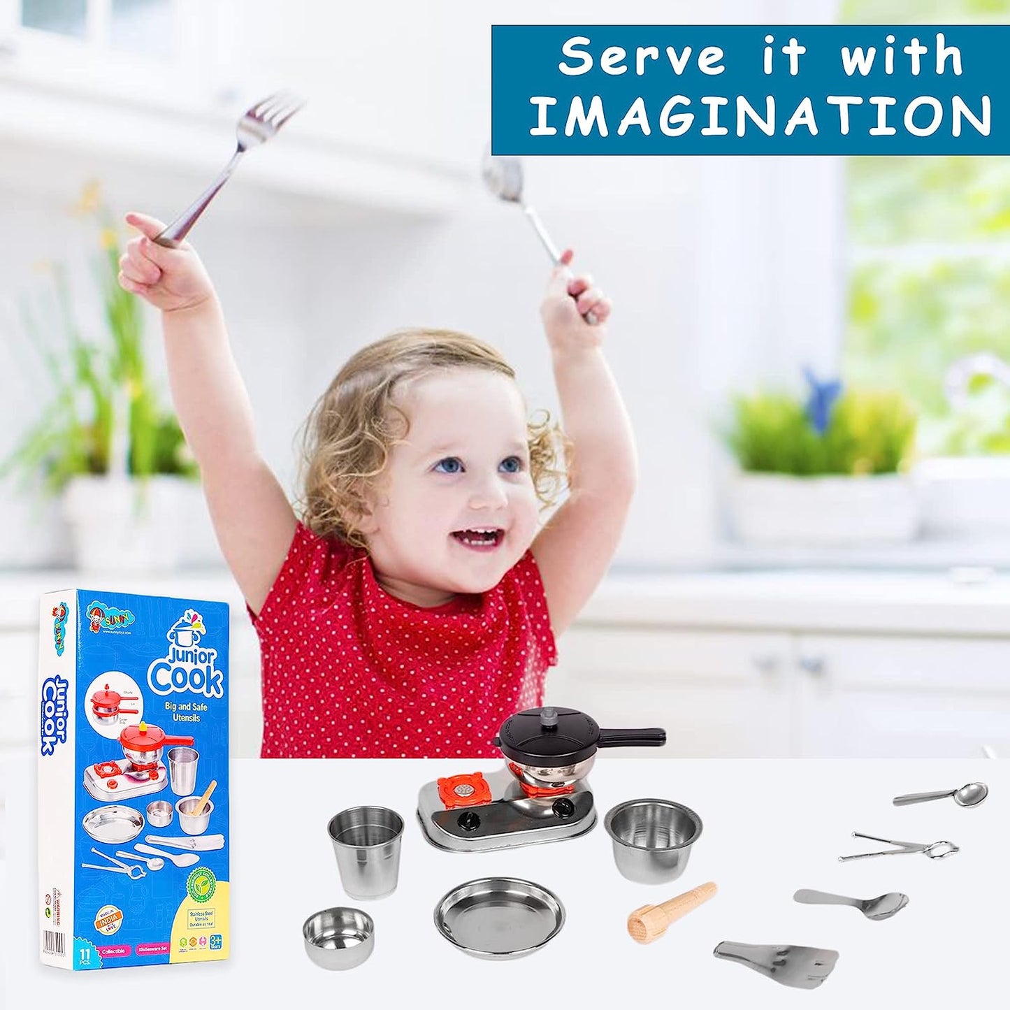 MM Toys Junior Stainles Steel Cook Kitchen Utensils Toy Set 11 Pcs With No Sharp Edges For 3+ Year Kids