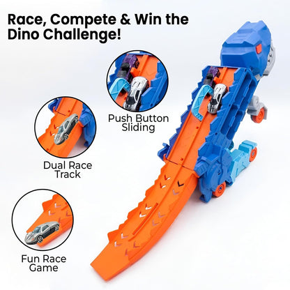 Dinosaur Planet Dino Transporter Truck Toy with Track – Push & Go Dinosaur Car Carrier with 2 Die-Cast Cars, Deformation into Race Track – Toddler Toy Gift for Boys Ages 3–6