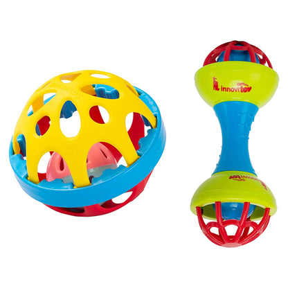 MM TOYS Soft Rattle Teether Dumbbell & Silicon Ball Rattle Toy - Non-toxic, BPA Free, For Newborn & Infants - Multicolor