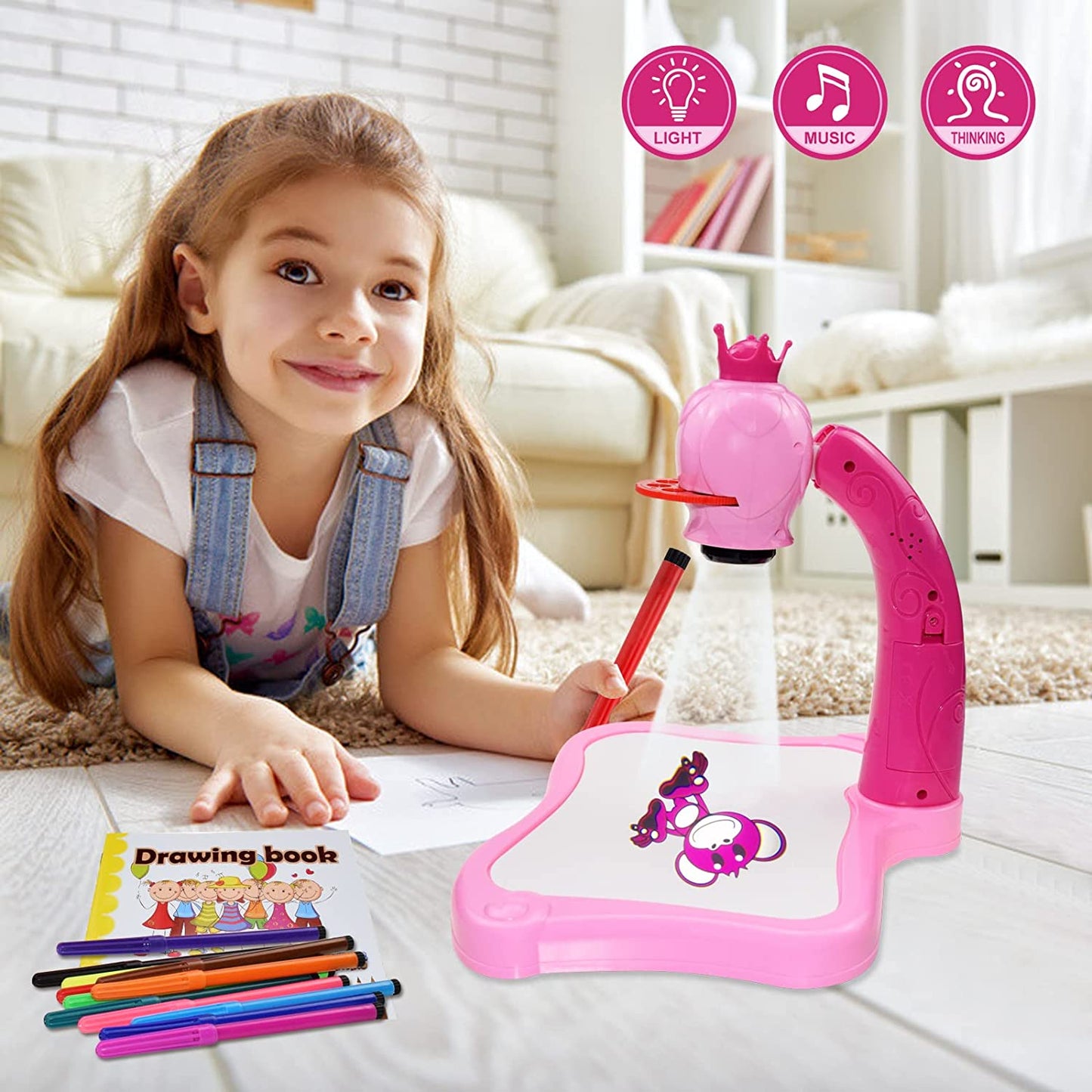 MM Toys Drawing Projector Painting Trace And Draw Desk for Kids - Artistic Skill Development, 12 Sketch Pens, 24 Designs, 4-10 Years - Pink