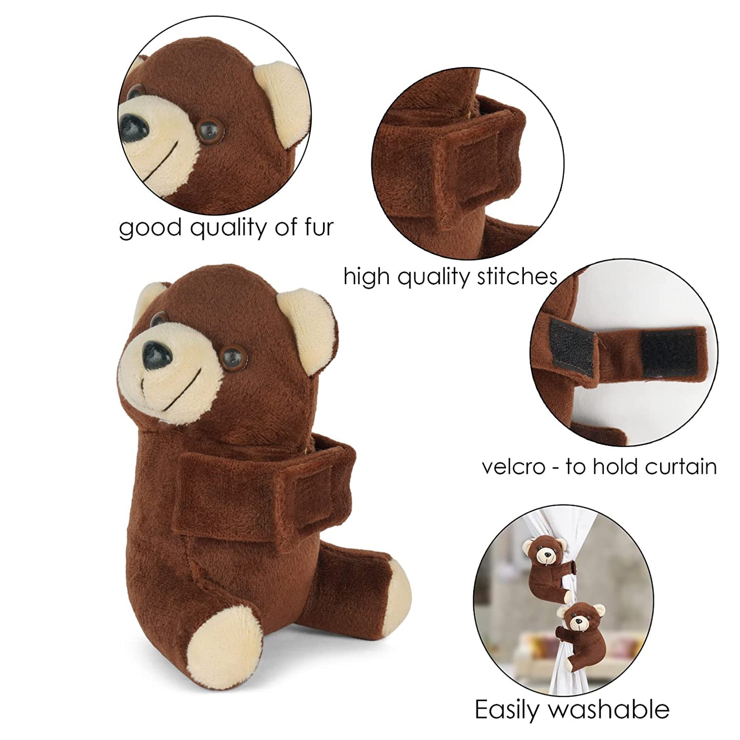 MM TOYS 4 Pcs Teddy Bear Soft Plush Toy Tieback Holdback Holder for Window Curtain Drapes Living Room Home Decoration Accessories for Children Pack of 2 - (5 X 6 Inch, Dark Brown)