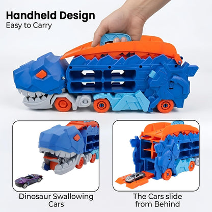 Dinosaur Planet Dino Transporter Truck Toy with Track – Push & Go Dinosaur Car Carrier with 2 Die-Cast Cars, Deformation into Race Track – Toddler Toy Gift for Boys Ages 3–6
