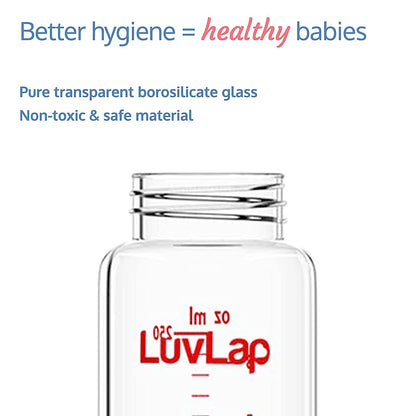 LuvLap Essential Slim Neck Glass Feeding Bottle For Newborn Babies up to 3 Months, Medium Hole Nipple,Easy Grip and Hygiene Ensured,Transparent 250ml