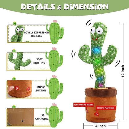 MM TOYS Rechargeable Dancing and Repeat Talking Cactus Plush Toy with Multiple Songs