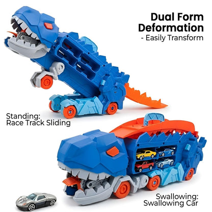Dinosaur Planet Dino Transporter Truck Toy with Track – Push & Go Dinosaur Car Carrier with 2 Die-Cast Cars, Deformation into Race Track – Toddler Toy Gift for Boys Ages 3–6