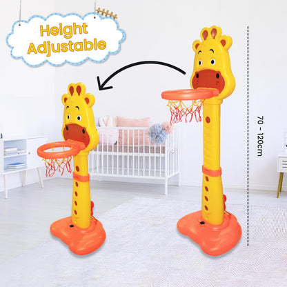 MM TOYS 3-in-1 Giraffe Basketball Sports Activity Set Upto 4 Ft Adjustable Height + Ring Game + Indoor & Outdoor Toys for Kids 2-6 Years - (Yellow & Red)