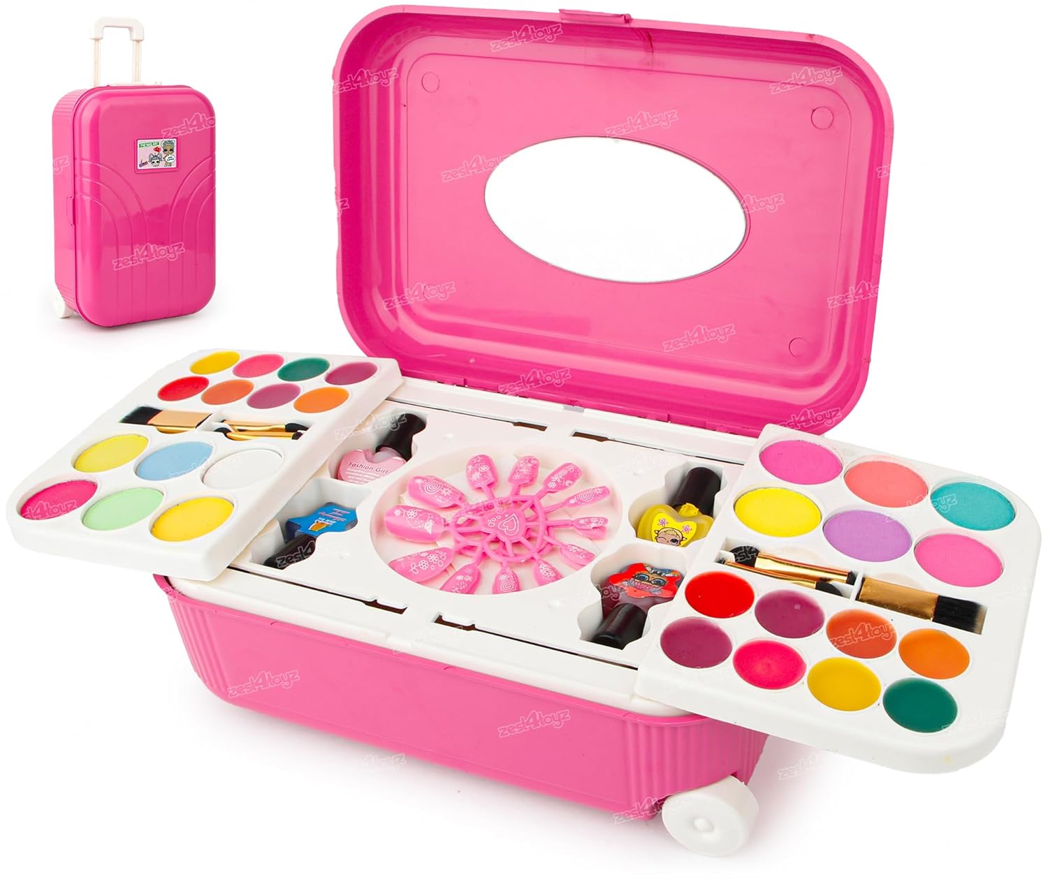 2-in-1 Cosmetic Makeup Palette & Nail Art Kit for Kids | Portable Trolley Bag Pretend Play Toy for Girls