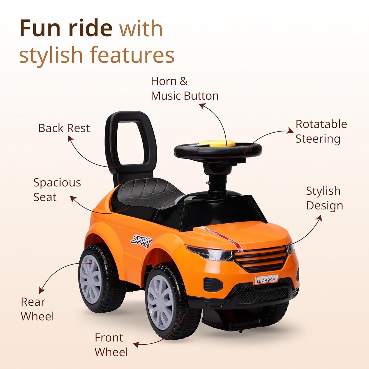 LuvLap Starlight Ride-on Car for Toddlers  Music & Horn Steering, Push Car with Safety Guard, Backrest & Storage, Big Wheels, for 18+ Months – Orange