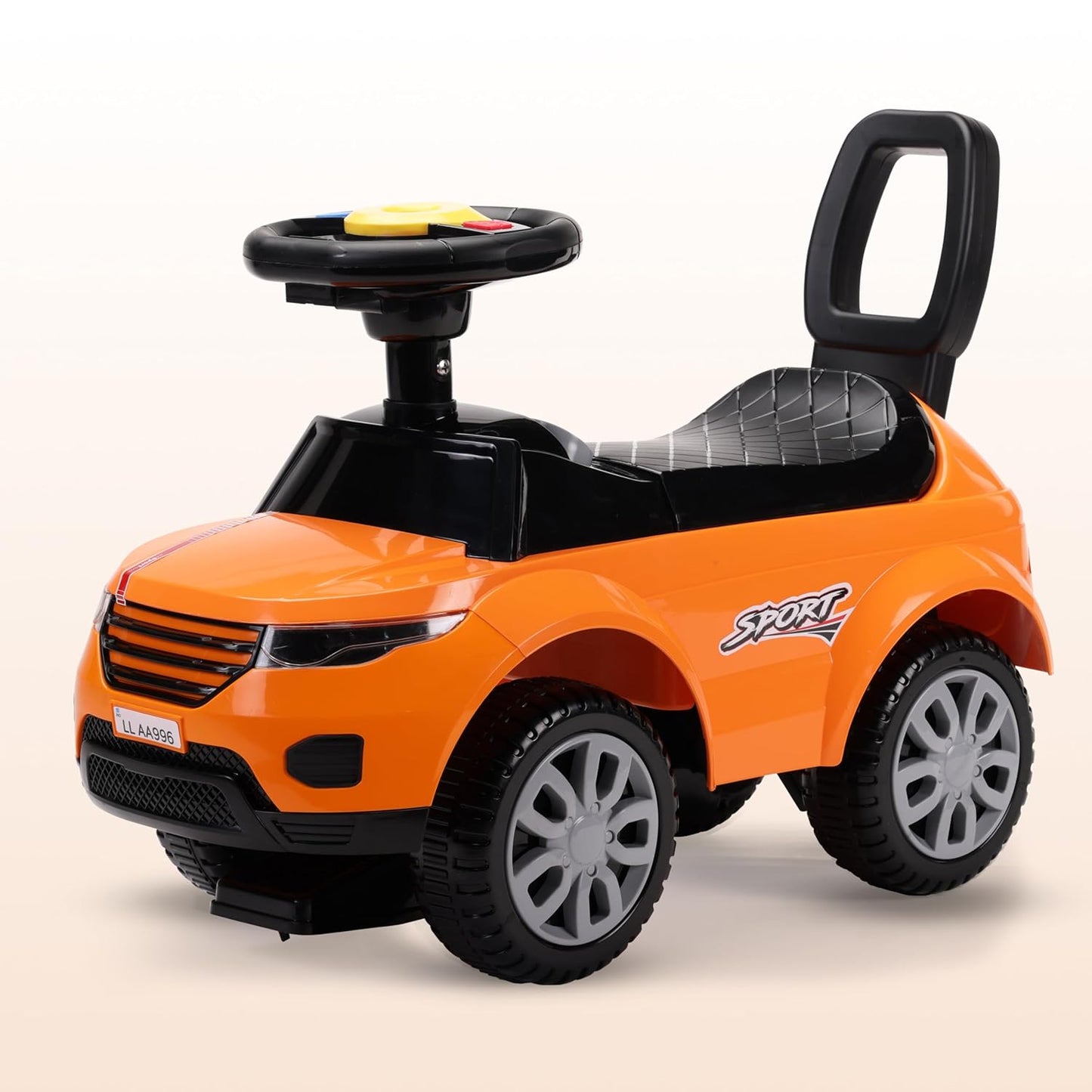 LuvLap Starlight Ride-on Car for Toddlers  Music & Horn Steering, Push Car with Safety Guard, Backrest & Storage, Big Wheels, for 18+ Months – Orange