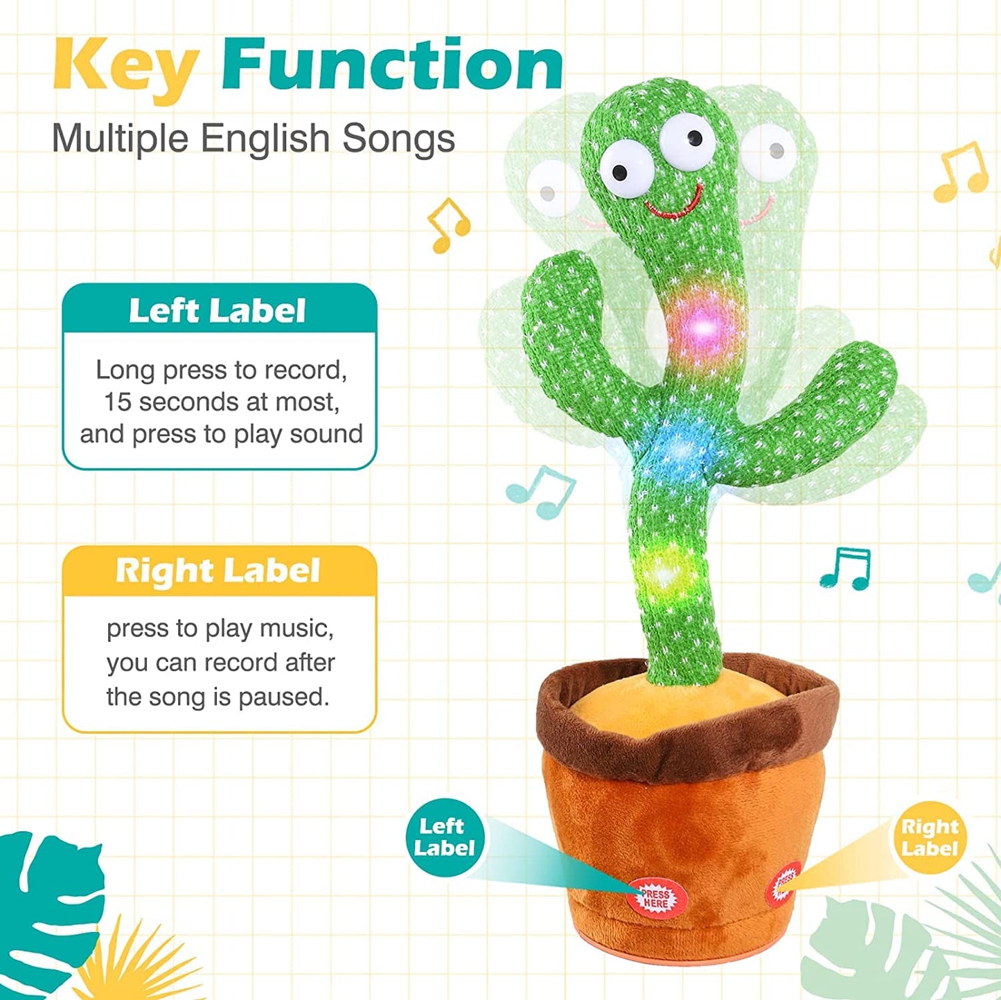 MM TOYS Rechargeable Dancing and Repeat Talking Cactus Plush Toy with Multiple Songs