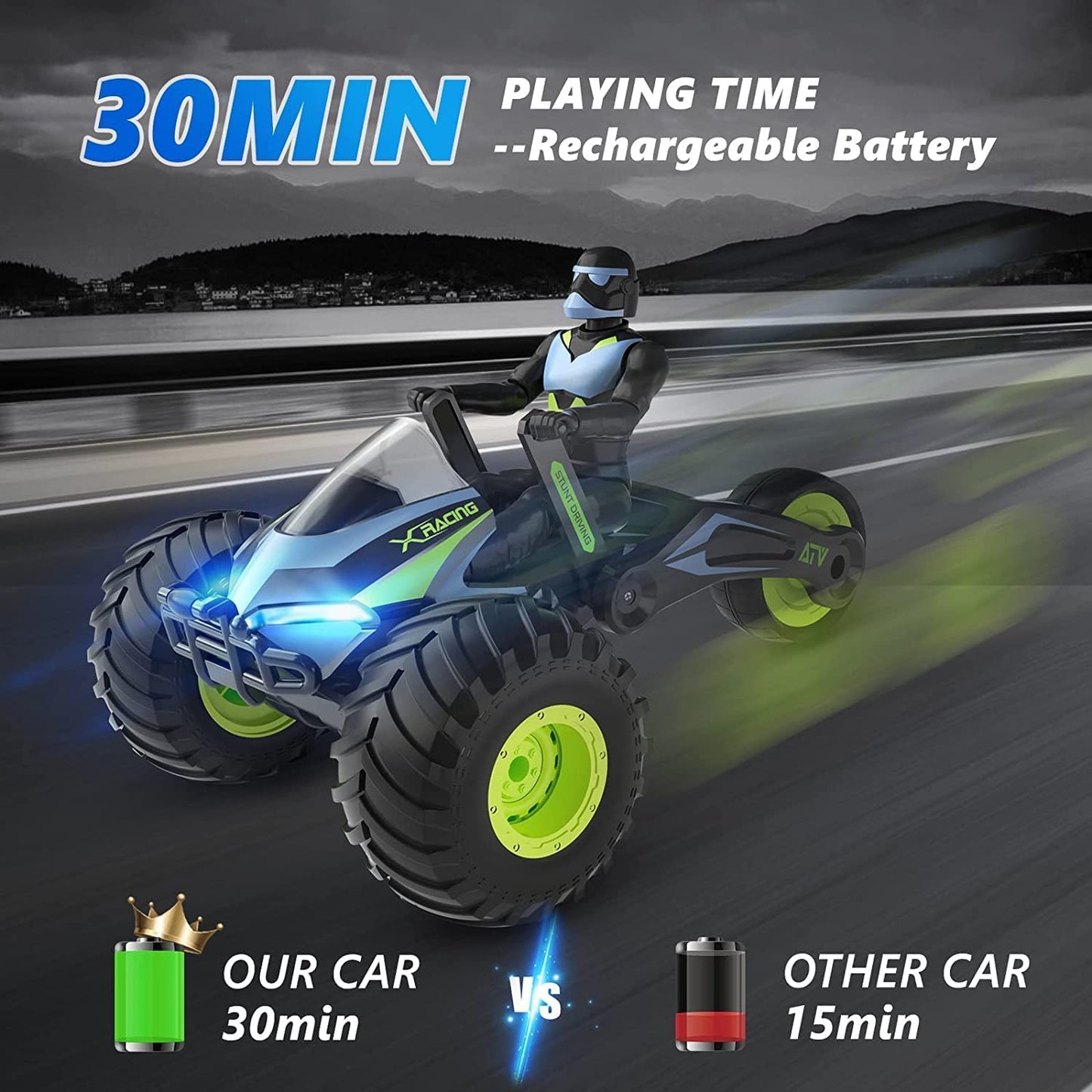 MM TOYS' R/C Stunt Racing Bike: 2.4 GHz, Dual Mode, Illuminated, Large Front Wheels, Rechargeable Batteries, One-Key Swing Mode, Extreme Stunt Performance