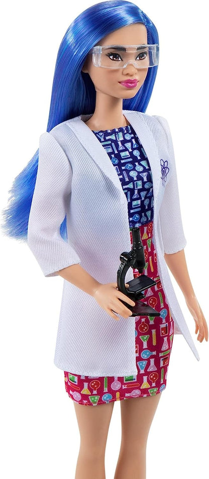Barbie Scientist Fashion Doll with Blue Hair HCN11, Lab Coat, Flats & Microscope, Multicolor