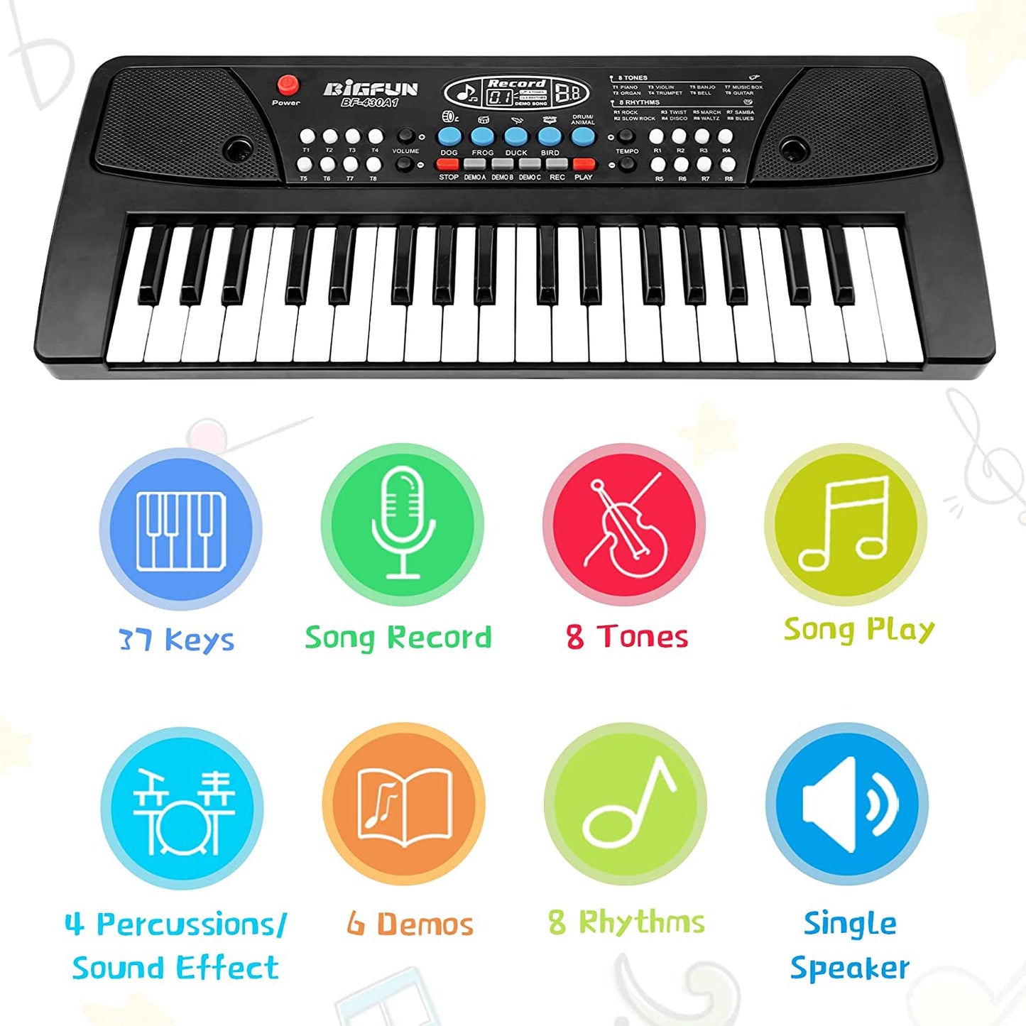 MM TOYS Kids Piano Keyboard with Microphone BF430- 37 Keys, 8 Tones & 8 Rhythms, Ages 3-7, Perfect Gift for Young Musicians