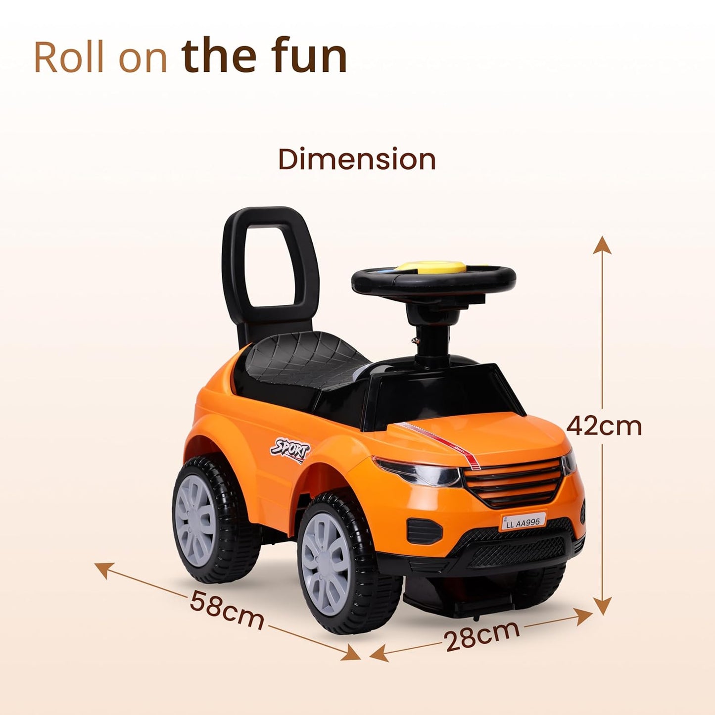 LuvLap Starlight Ride-on Car for Toddlers  Music & Horn Steering, Push Car with Safety Guard, Backrest & Storage, Big Wheels, for 18+ Months – Orange