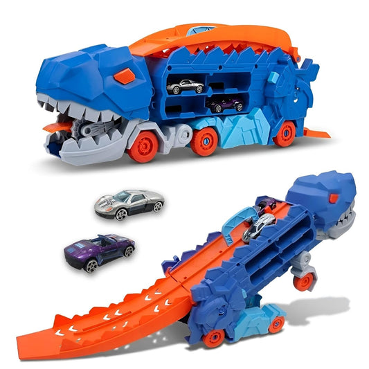 Dinosaur Planet Dino Transporter Truck Toy with Track – Push & Go Dinosaur Car Carrier with 2 Die-Cast Cars, Deformation into Race Track – Toddler Toy Gift for Boys Ages 3–6