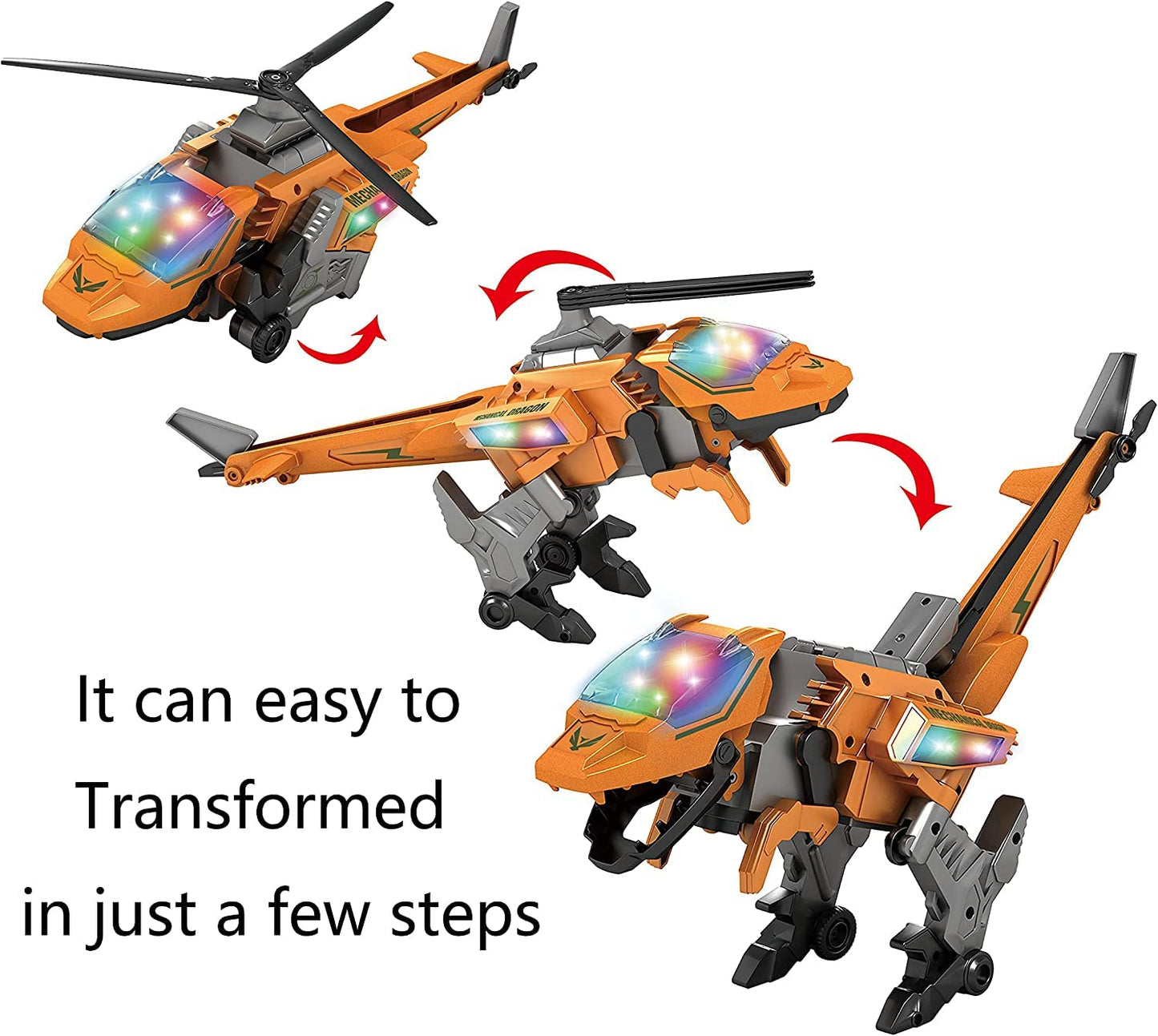 MM TOYS Electronic Transform Dinosaur Army Helicopter Transformable Tyrannosaurus Apache, Lights & Sounds, 2 Modes, Bump and Go Action