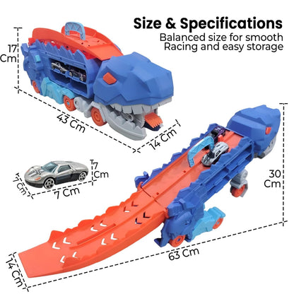 Dinosaur Planet Dino Transporter Truck Toy with Track – Push & Go Dinosaur Car Carrier with 2 Die-Cast Cars, Deformation into Race Track – Toddler Toy Gift for Boys Ages 3–6
