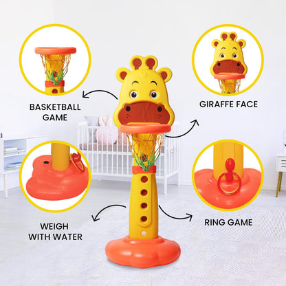 MM TOYS 3-in-1 Giraffe Basketball Sports Activity Set Upto 4 Ft Adjustable Height + Ring Game + Indoor & Outdoor Toys for Kids 2-6 Years - (Yellow & Red)