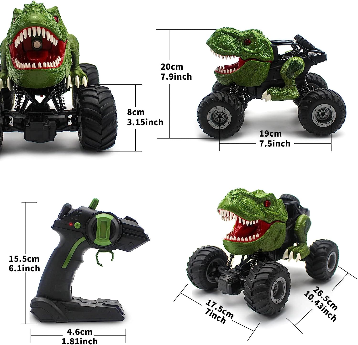 MM TOYS Dinosaur Rc Car 1:16: Music LED Lights, 45° Slope, Spray Mist, 360° Rotation, 4WD Remote Control, Green For Kids