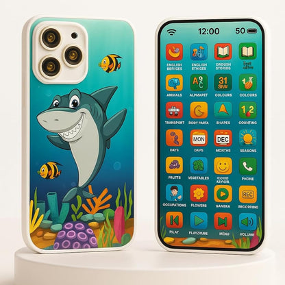 Phone case with shark design on one side and educational app interface on the other, on a white background.