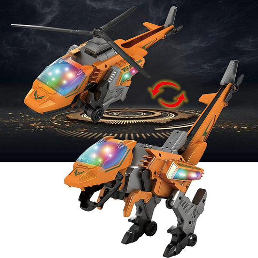 MM TOYS Electronic Transform Dinosaur Army Helicopter Transformable Tyrannosaurus Apache, Lights & Sounds, 2 Modes, Bump and Go Action