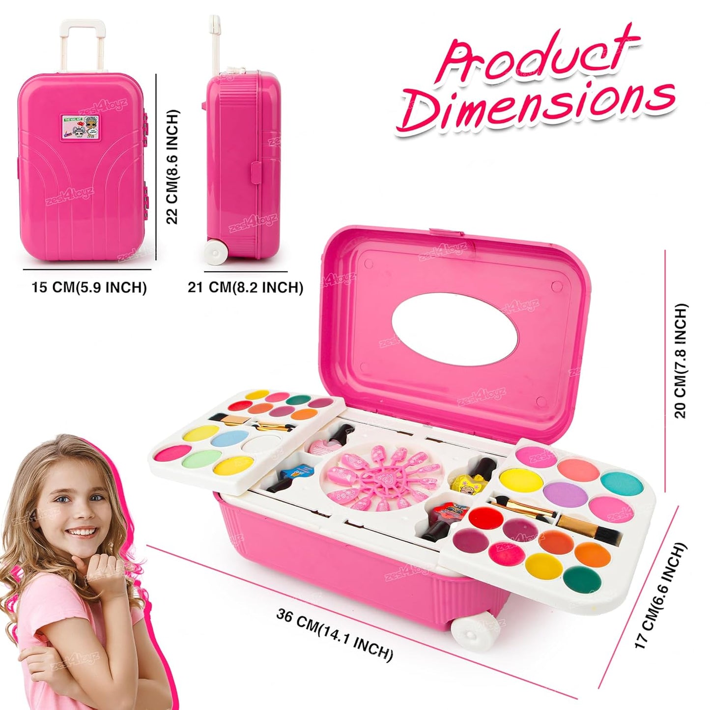 MM Toys 2-in-1 Cosmetic Makeup Palette & Nail Art Kit for Kids | Portable Trolley Bag Pretend Play Toy for Girls - Plastic, Multicolor