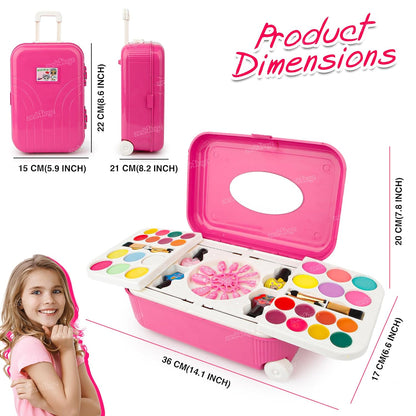 MM Toys 2-in-1 Cosmetic Makeup Palette & Nail Art Kit for Kids | Portable Trolley Bag Pretend Play Toy for Girls - Plastic, Multicolor