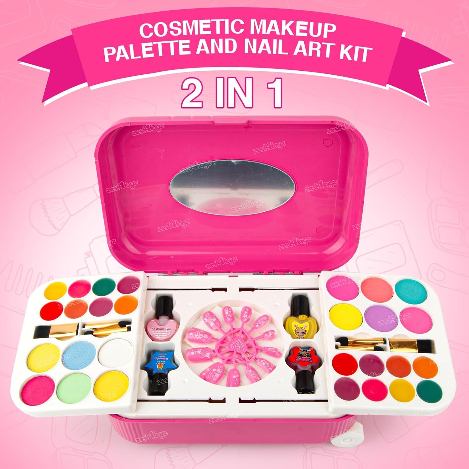 2-in-1 Cosmetic Makeup Palette & Nail Art Kit for Kids | Portable Trolley Bag Pretend Play Toy for Girls