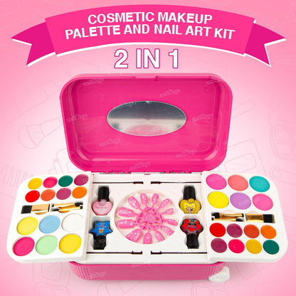 2-in-1 Cosmetic Makeup Palette & Nail Art Kit for Kids | Portable Trolley Bag Pretend Play Toy for Girls