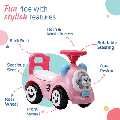 LuvLap SunnyRider Music & Horn Steering Ride-On & Car for Kids, Backrest, Safety Guard, Under Seat Storage, Big Wheels, 1-3 Years, Up to 25 Kgs- Pink