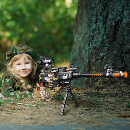 MM Toys Musical Machine Gun 25" Long: Vibration, Flash Lights, Rotating Dummy Bullets, Stand - Fun Playtime for Kids Ages 2-5