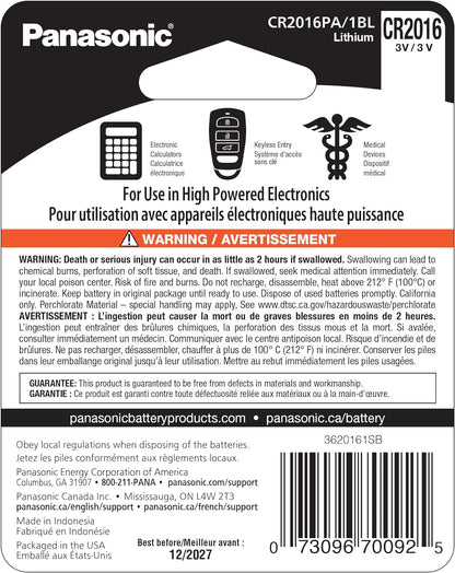 Panasonic CR2016 3V Lithium Coin Cell Battery - Long-Lasting Power for Electronics, Key Fobs, and Medical Devices, 20mm Diameter, 1.6mm Height, Multipurpose Button Cell
