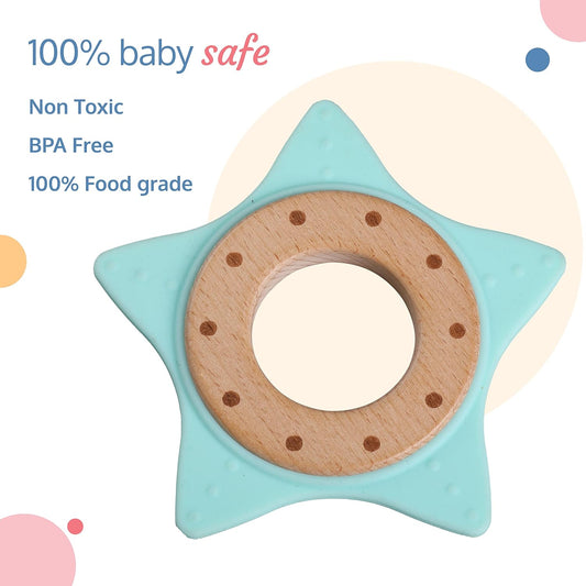 LuvLap Lightweight Baby Teether - Natural Beech Wood Inner Ring, 100% Food Grade Silicone, Easy to Hold, Suitable for 3+ Months (Light Green) -19211