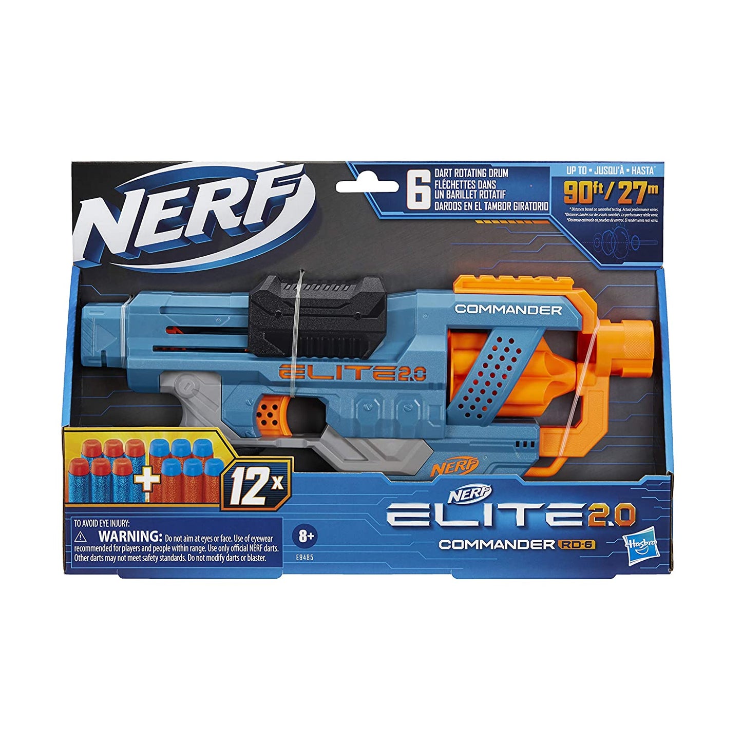 Nerf Elite2.0 Commander RD-6 Foam Blaster Gun, 90ft Range, 6-Dart Drum, 12 Extra Darts, Ages 8+, Multicolor